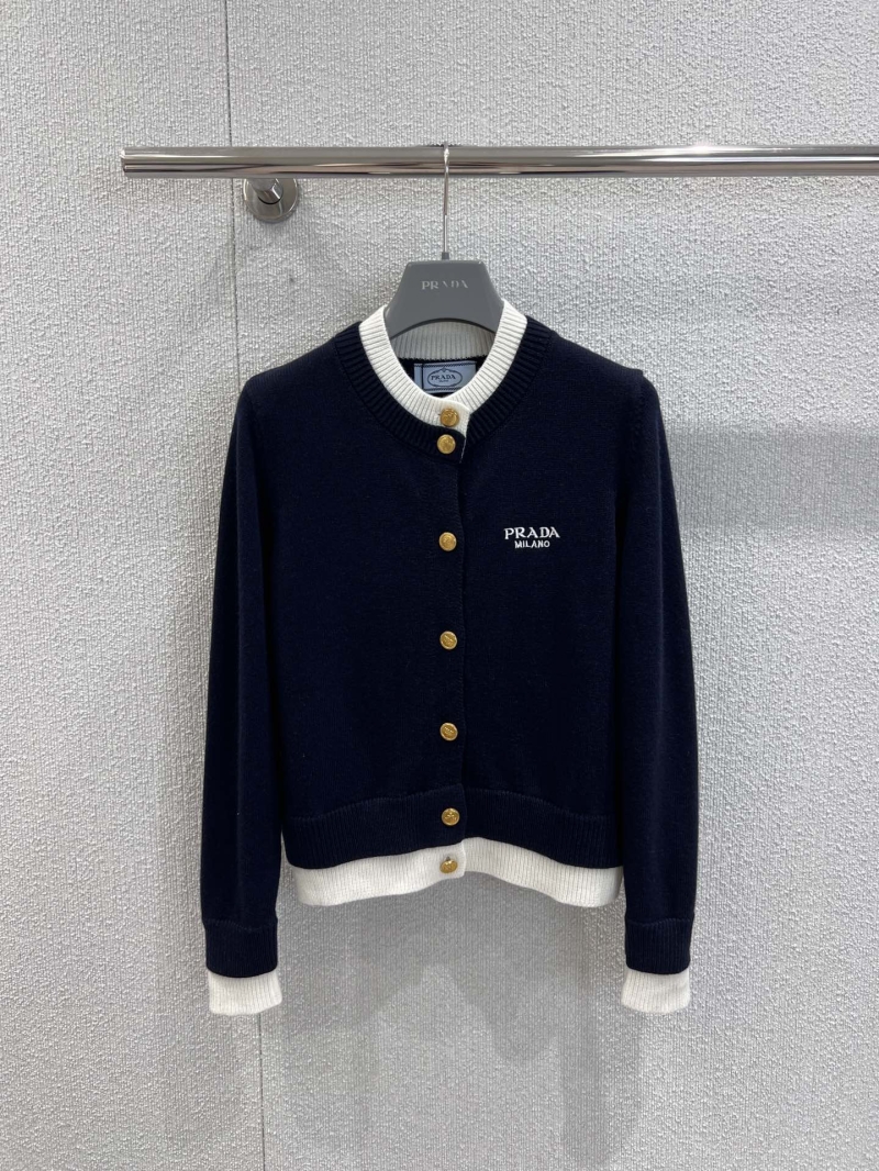 Prada Navy & White Letter-Embroidered Single-Breasted Gold Button Knit Cardigan