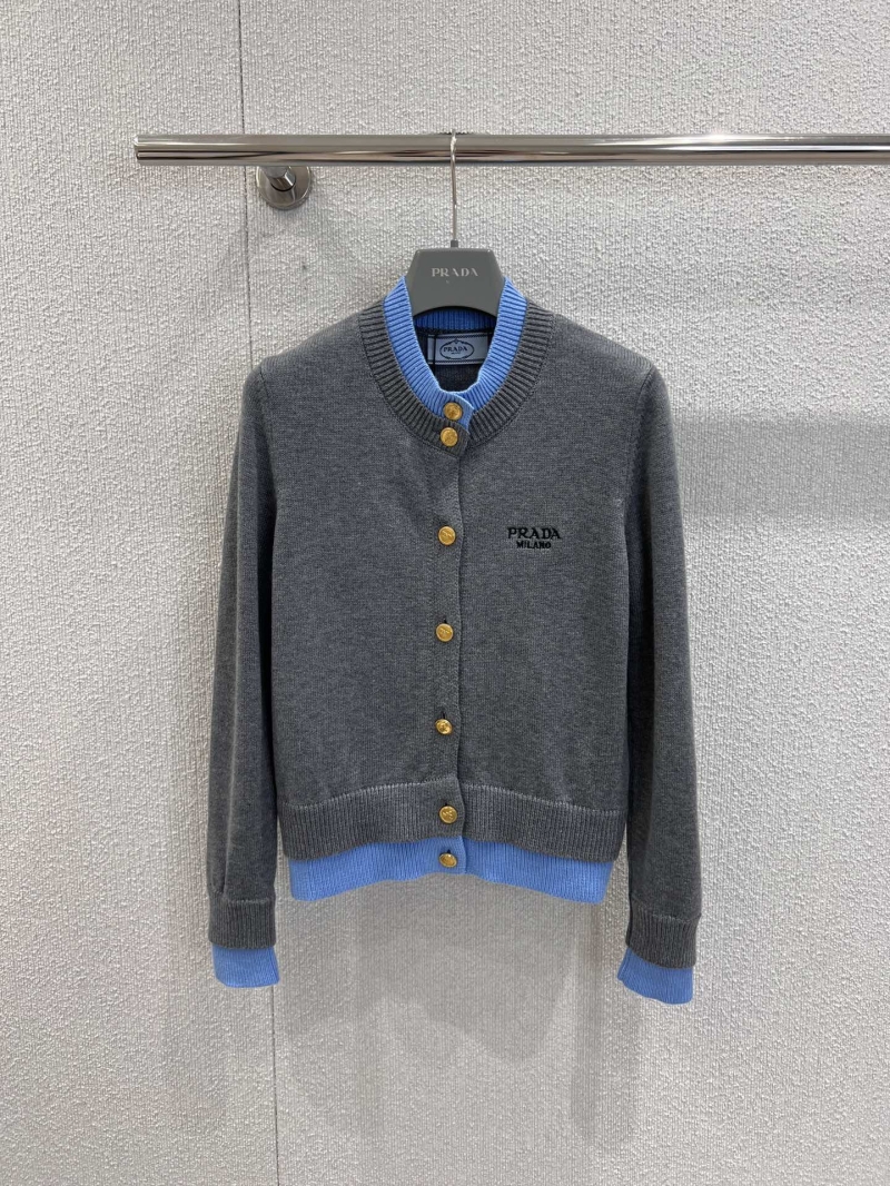 Prada Light Gray and Blue Letter Embroidered Single-Breasted Gold Button Knit Cardigan