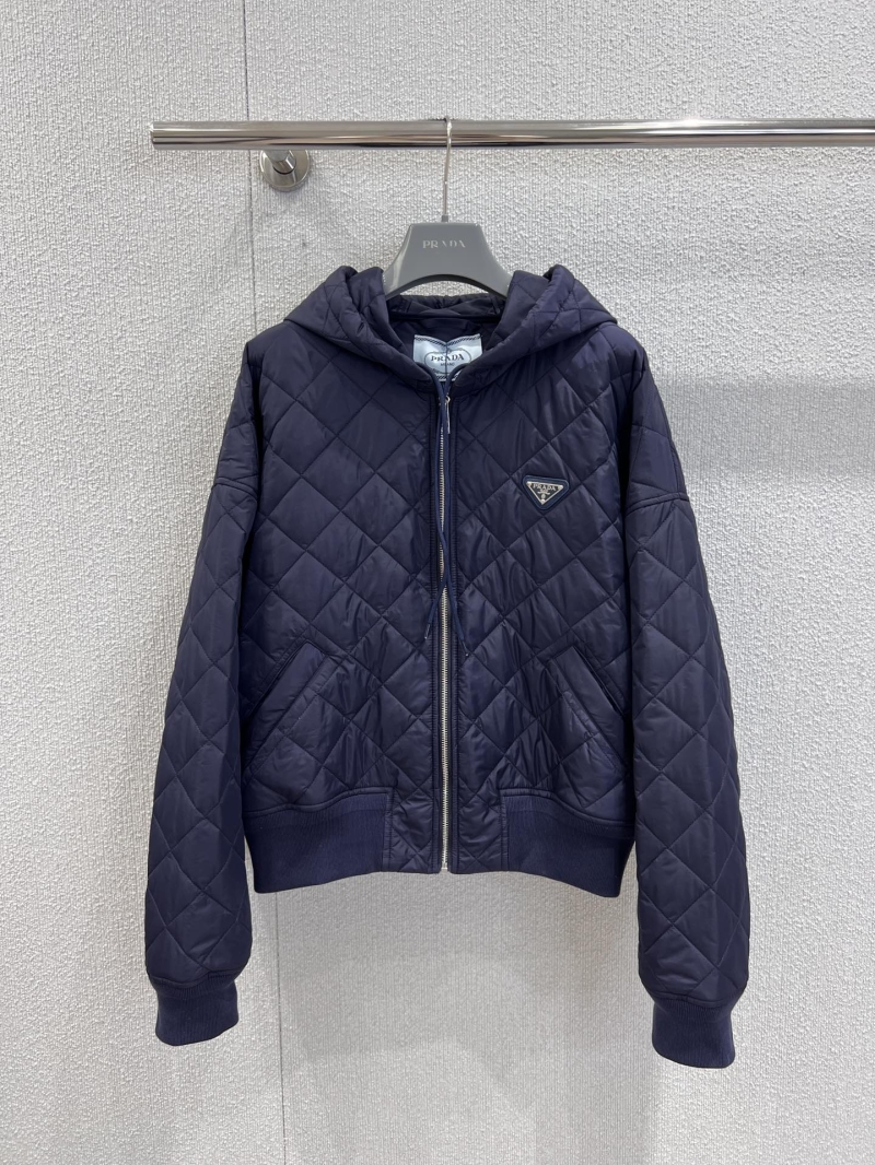 Prada Diamond-Quilted Hooded Jacket in Dark Navy Blue