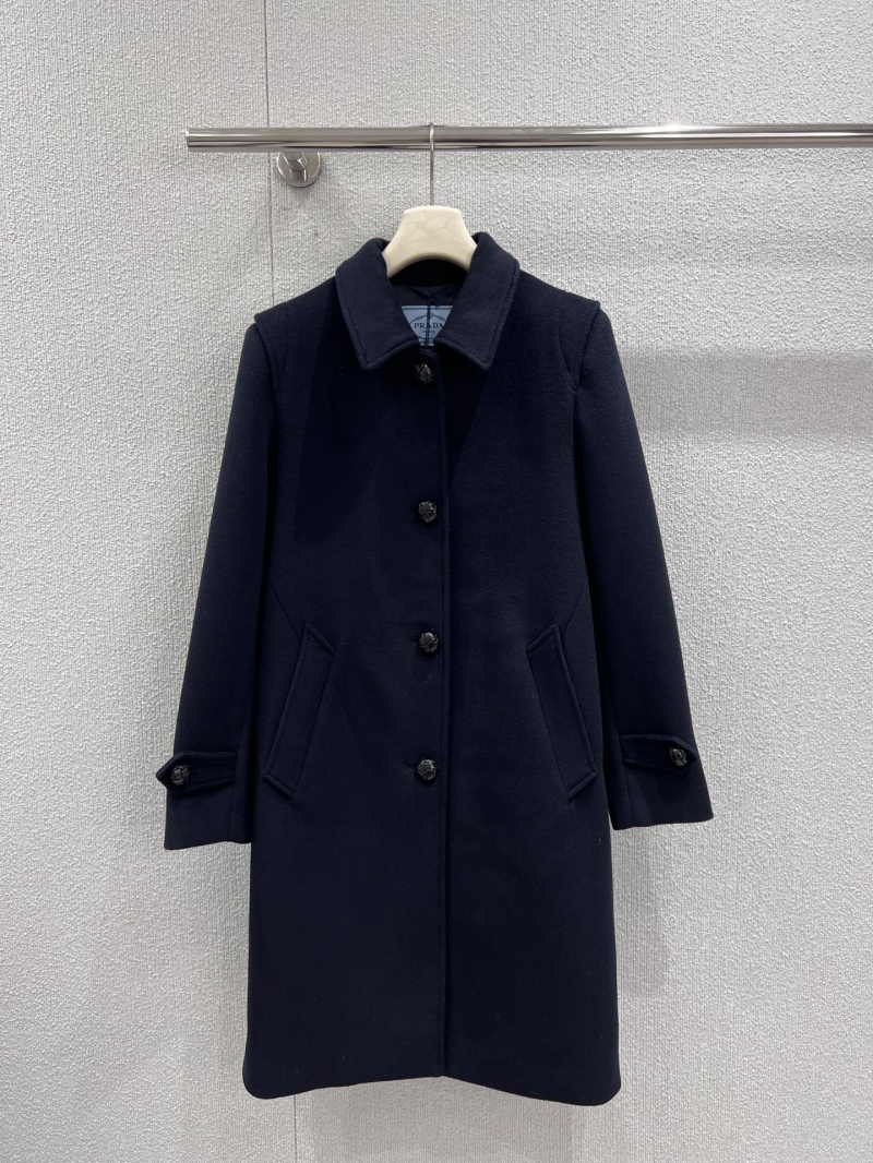 Prada Exclusive Wool Double-Breasted Mid-Length Coat in Deep Navy Blue