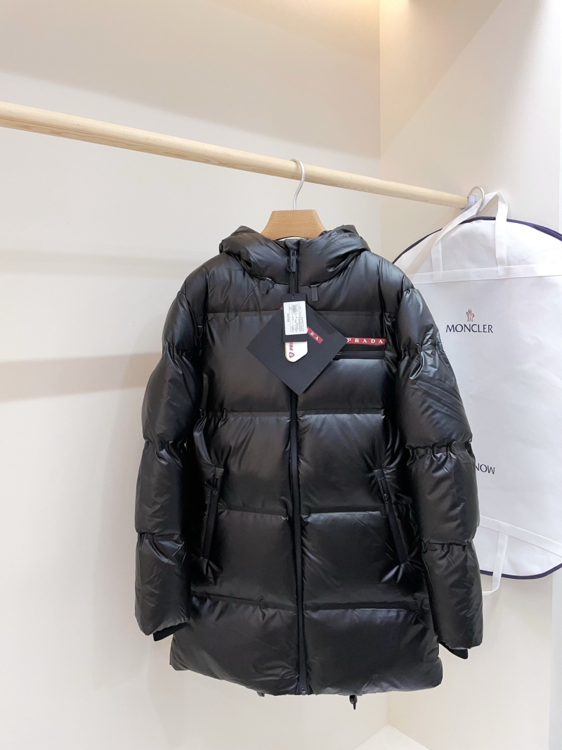 Prada Long Hooded Down Puffer Jacket in Black | Luxe Nylon, Water-Resistant, Linea Rossa Detail