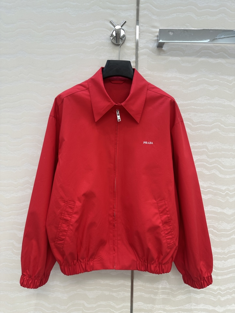 Prada Unisex Red Bomber Jacket in High-Density Twill Cotton with Classic Tailoring
