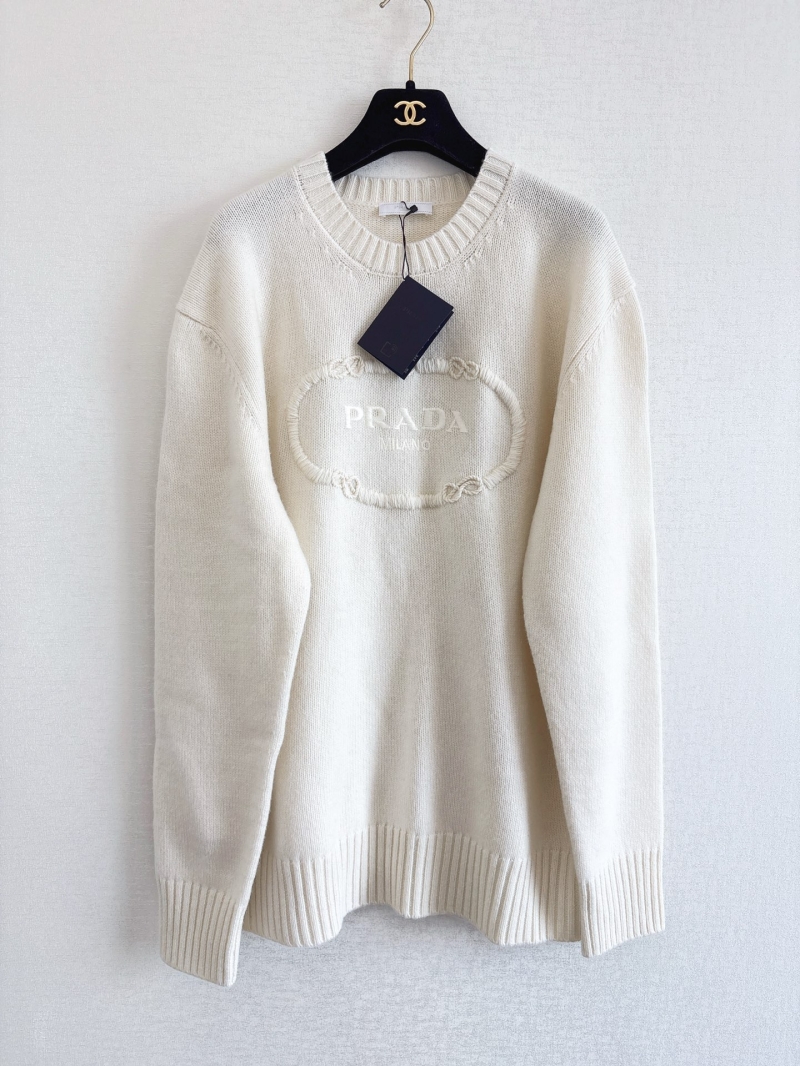 Prada 24FW Early Autumn Embroidered Cashmere Wool Sweater in Cream