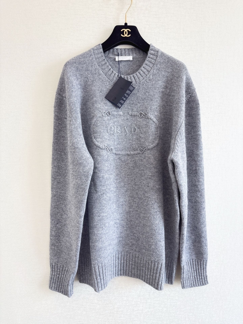 Prada Fall 2024 Rib-Knit Embroidered Logo Cashmere Wool Sweater in Heather Gray