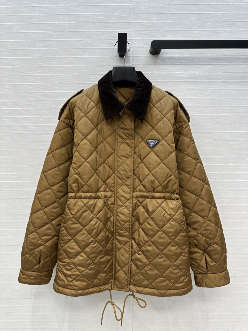 Prada Diamond-Quilted Mid-Length Caramel Jacket with Corduroy Collar and Drawstring Waist