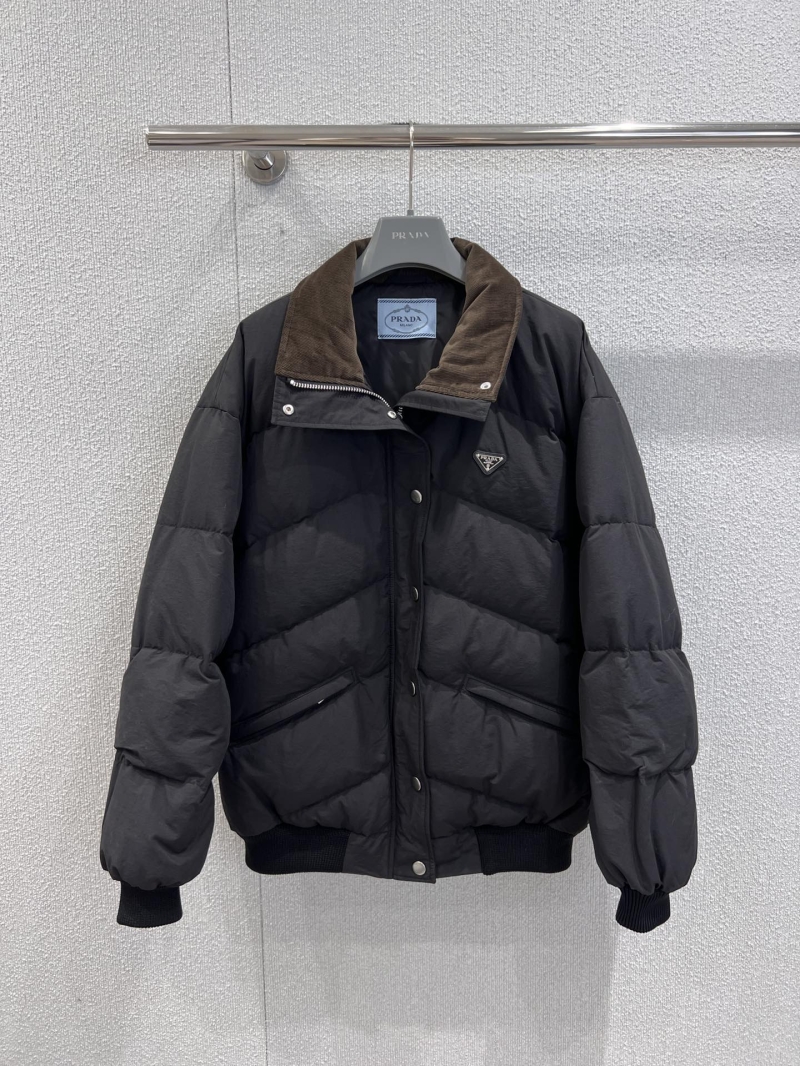 Prada 25FW Luxe Down Jacket with Triangular Logo, Black & Brown Corduroy Collar