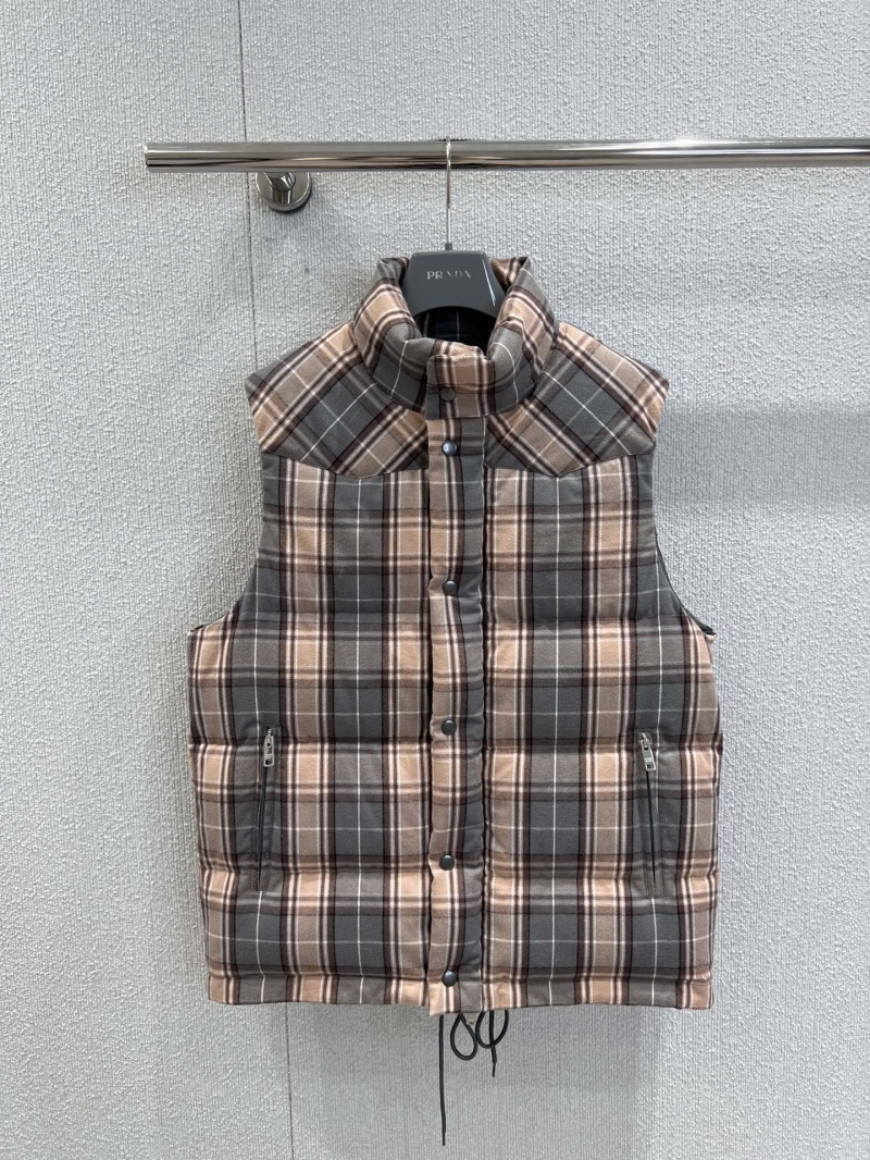 Prada Quilted Plaid Puffer Vest in Warm Autumnal Tones - Stand Collar, Drawstring Hem, Premium Insulation
