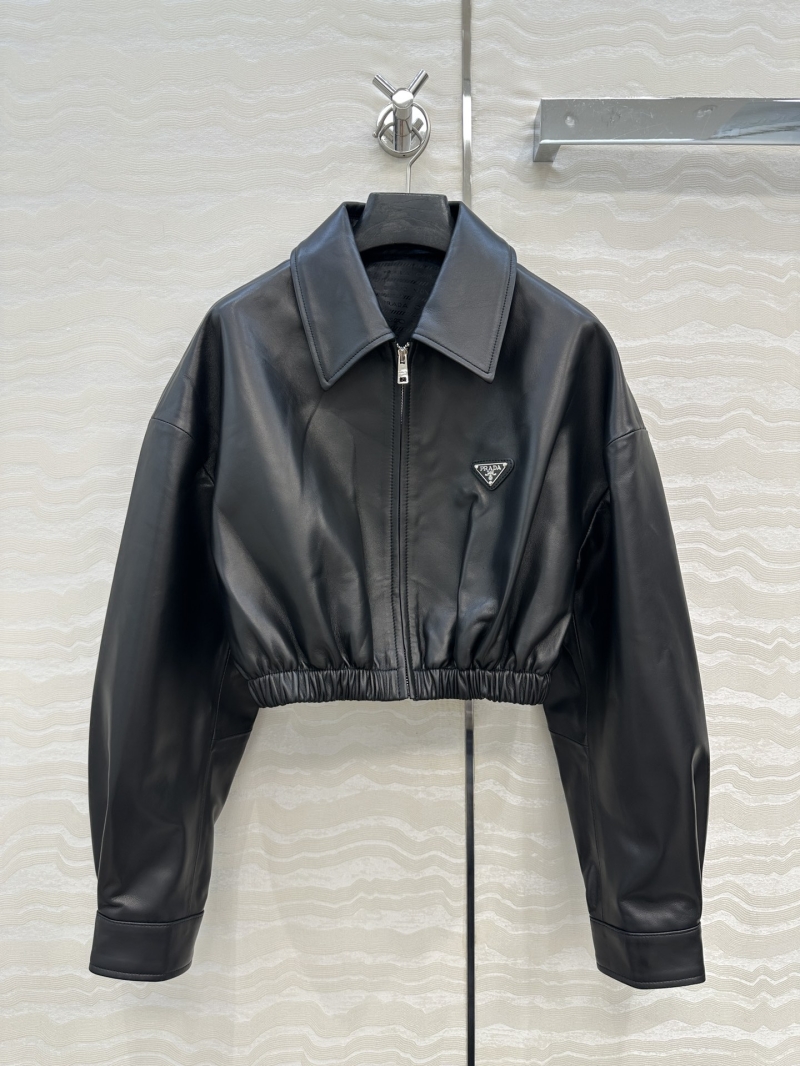 Prada Cropped Leather Jacket in Black – 100% Lambskin, Notched Collar, Elasticated Hem