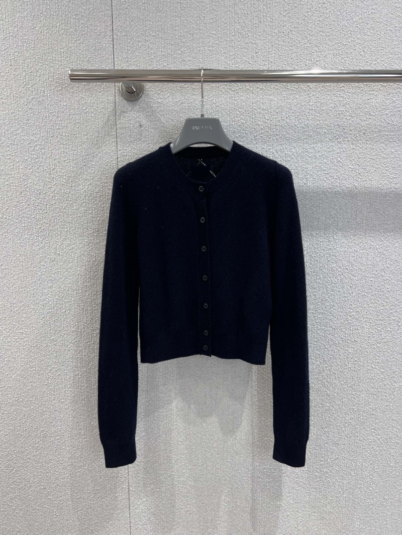 Prada Cropped Cashmere Knit Cardigan in Navy Blue - 100% Premium Cashmere, Diamond Pattern, Round Neck