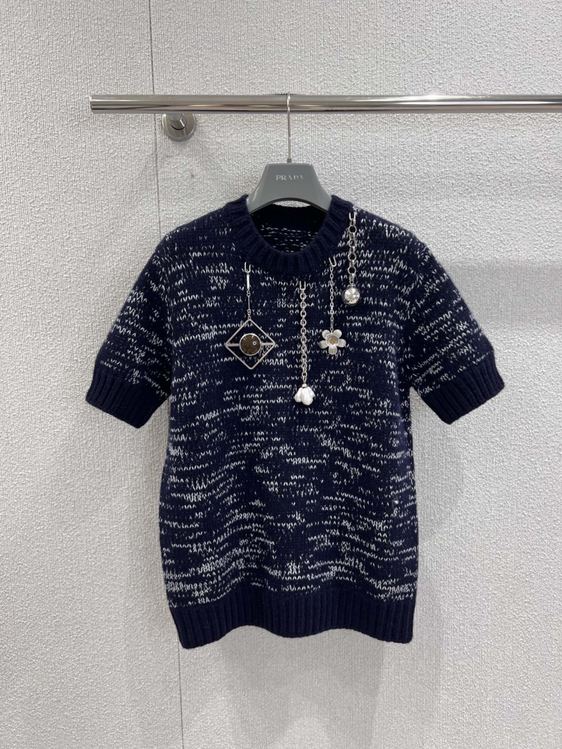Prada Short-Sleeved Knit Sweater with Metallic Chain Embellishments, Blue and White Heathered Texture, Limited Edition
