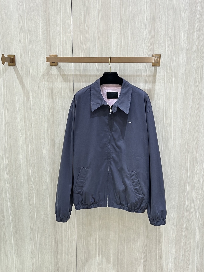 Prada Harrington Jacket in Dusty Slate Blue-Gray - Lightweight Coach-Style with Contrast Pink Lining