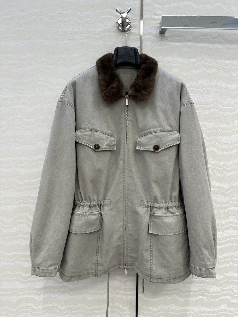 Prada Luxury Mink Collar Field Jacket in Light Grey - Premium Oxford Canvas, Adjustable Waist, Chic Winter Outerwear