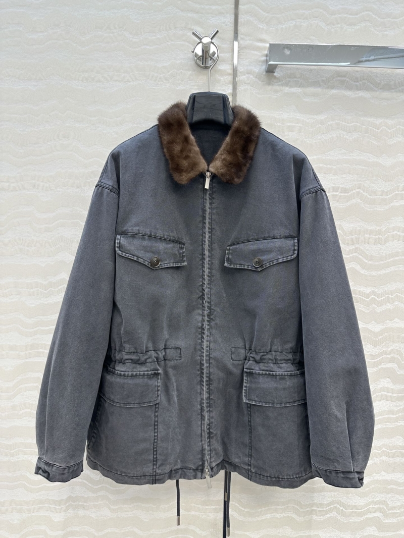Prada Mink-Trimmed Field Jacket in Grey | Imported Oxford Canvas | Adjustable Drawstring Waist