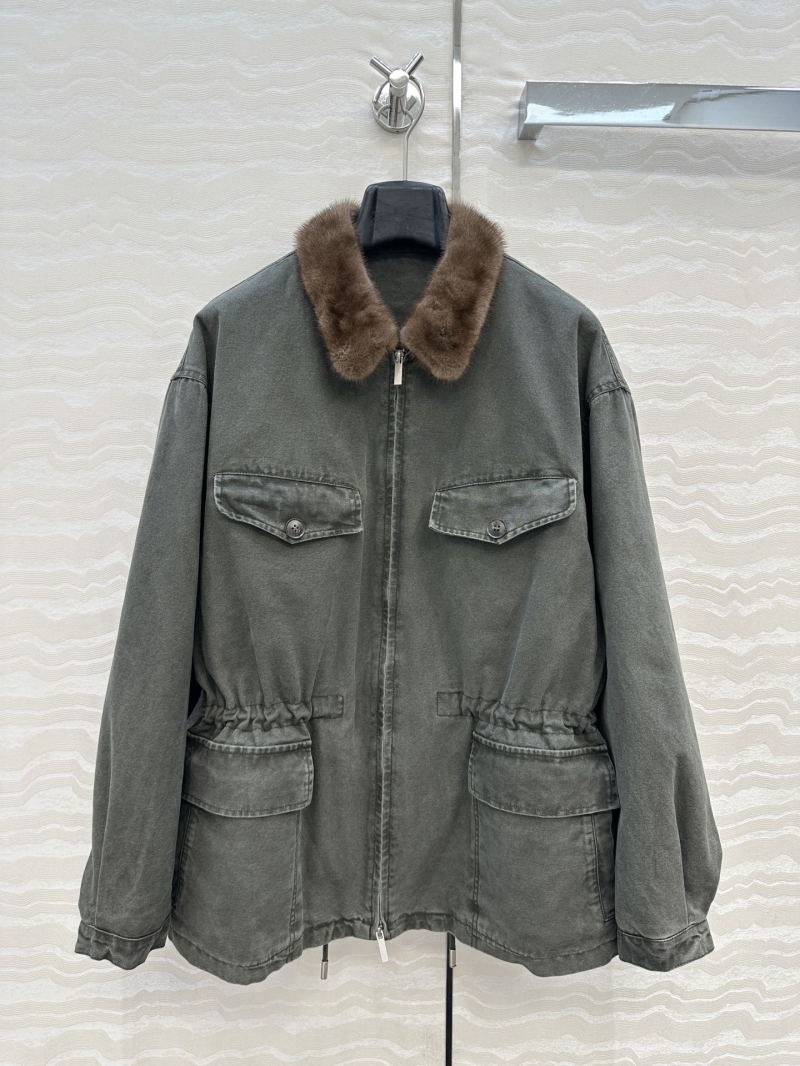 Prada Military Green Mink Fur Collar Field Jacket | Premium Oxford Canvas | Adjustable Drawstring Waist