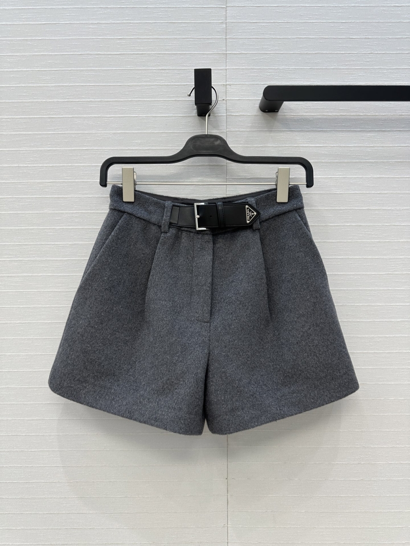 Prada Exquisite Custom Wool Belted Tailored Shorts | Signature Metal Buckle | Pleated Design