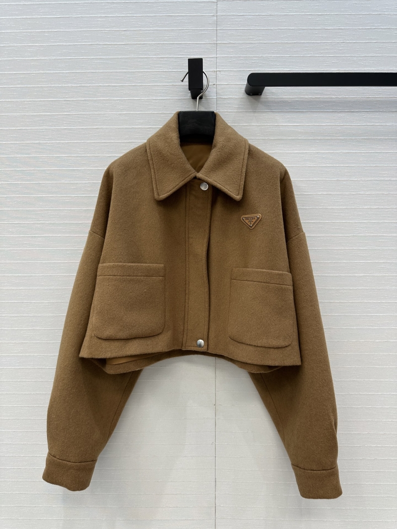 Prada Wool-Blend Cropped Jacket | Caramel | Short Boxed Workwear Style with Metallic Logo