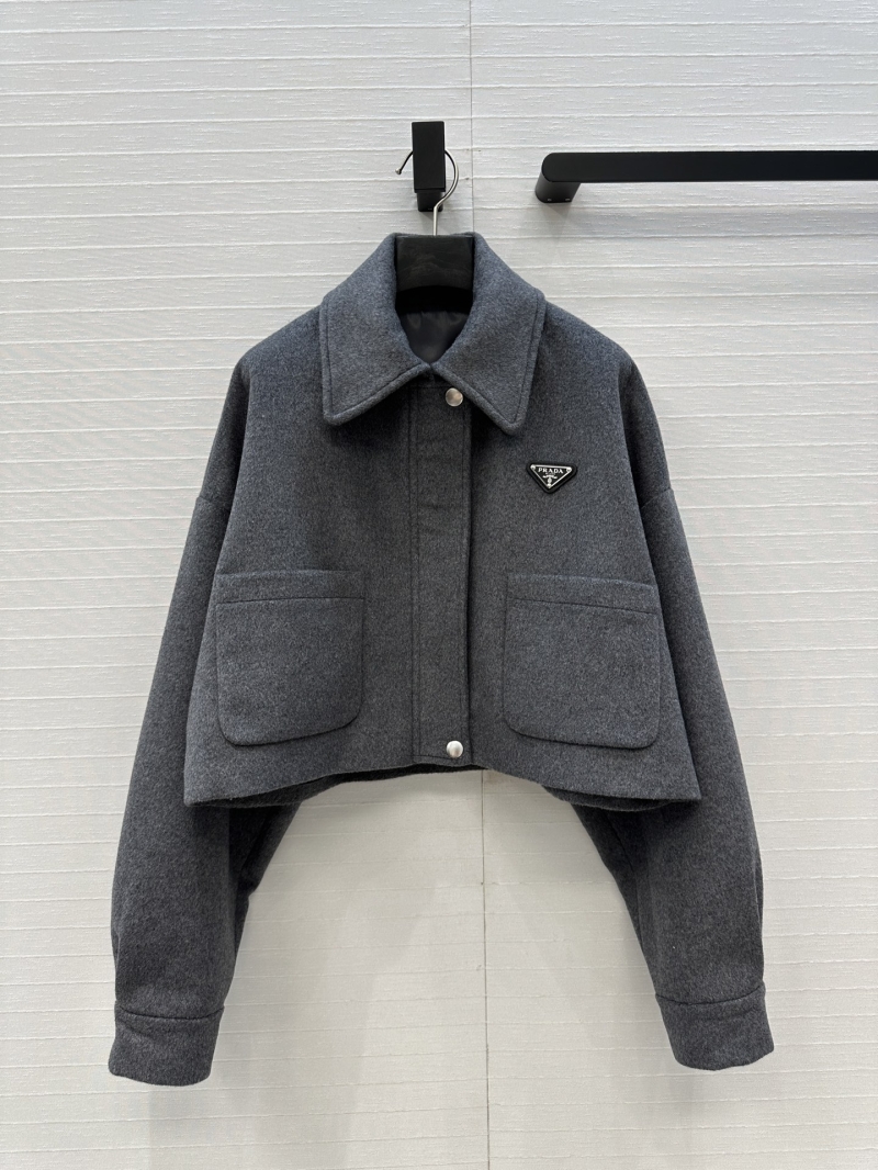 Prada Exquisite Wool Short Cropped Jacket, Drop Shoulder Boxy Fit, Custom Metal Triangle Logo, Limited Edition