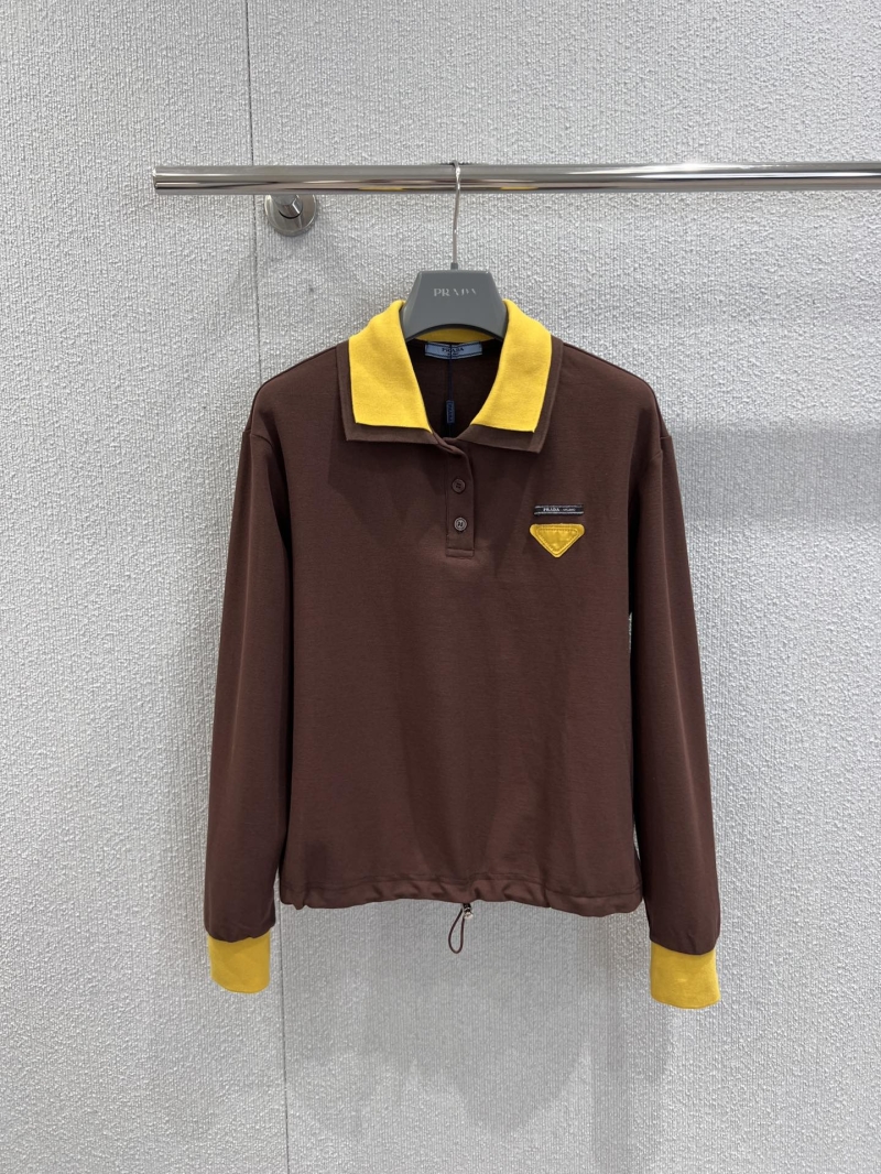 Prada Long-Sleeve Polo Shirt, Brown with Yellow Contrast Collar and Cuffs, Relaxed Fit, Drawstring Hem