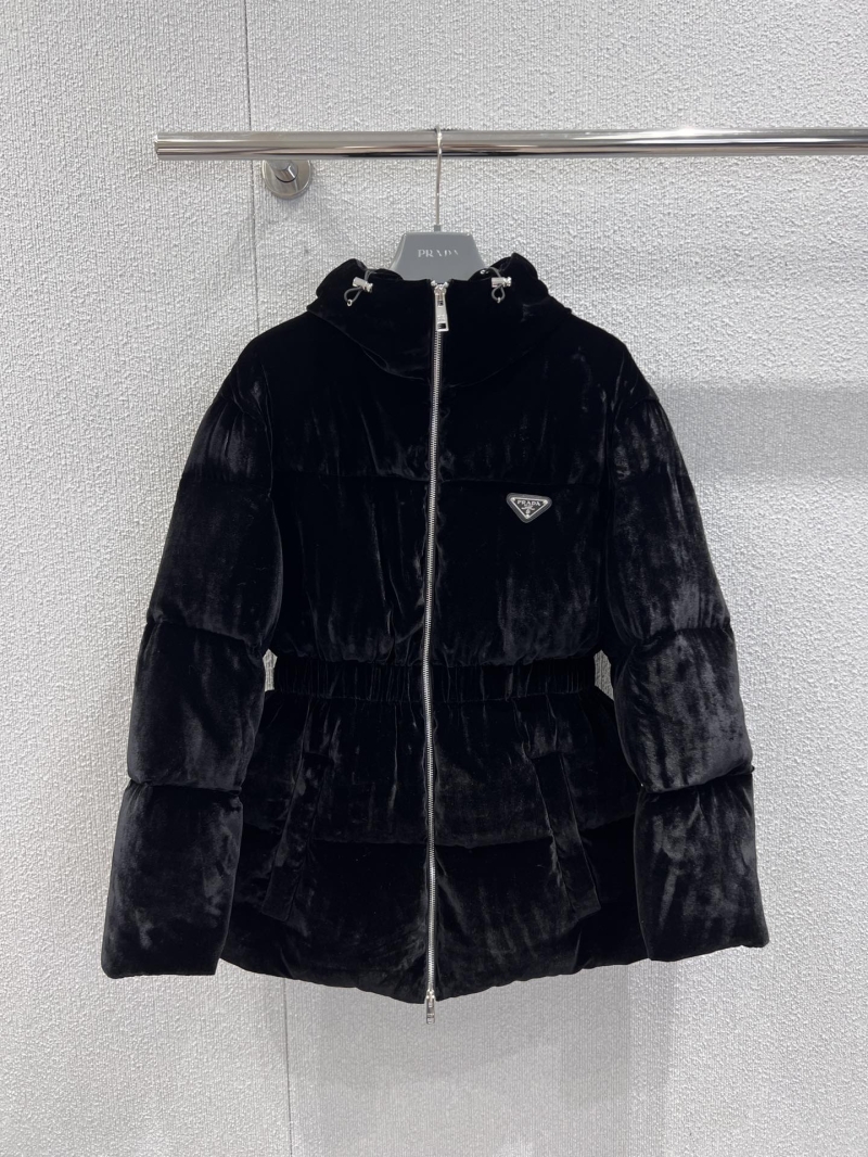Prada Velvet 'Ant Waist' Hooded Puffer Jacket in Black - Luxe Quilted Design with Cinched Waist