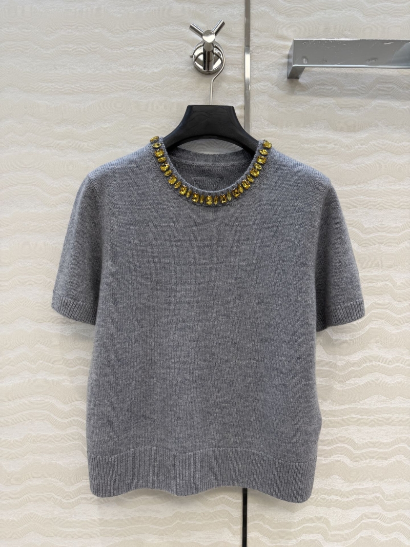 Prada Cashmere Short-Sleeve Sweater in Grey with Hand-Set Crystal Neckline
