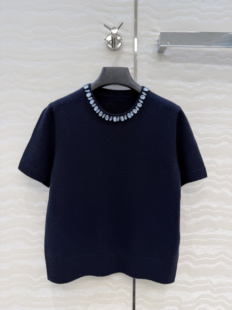 Prada Exquisite Hand-Applied Crystal Collar Cashmere Short-Sleeve Sweater in Deep Navy