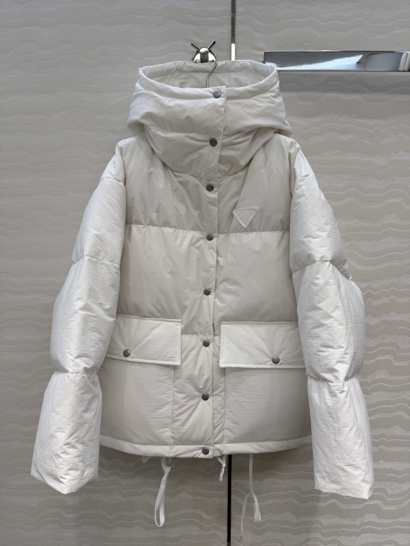 Prada White Goose Down Puffer Coat | Oversized Hooded Winter Jacket with Adjustable Waist