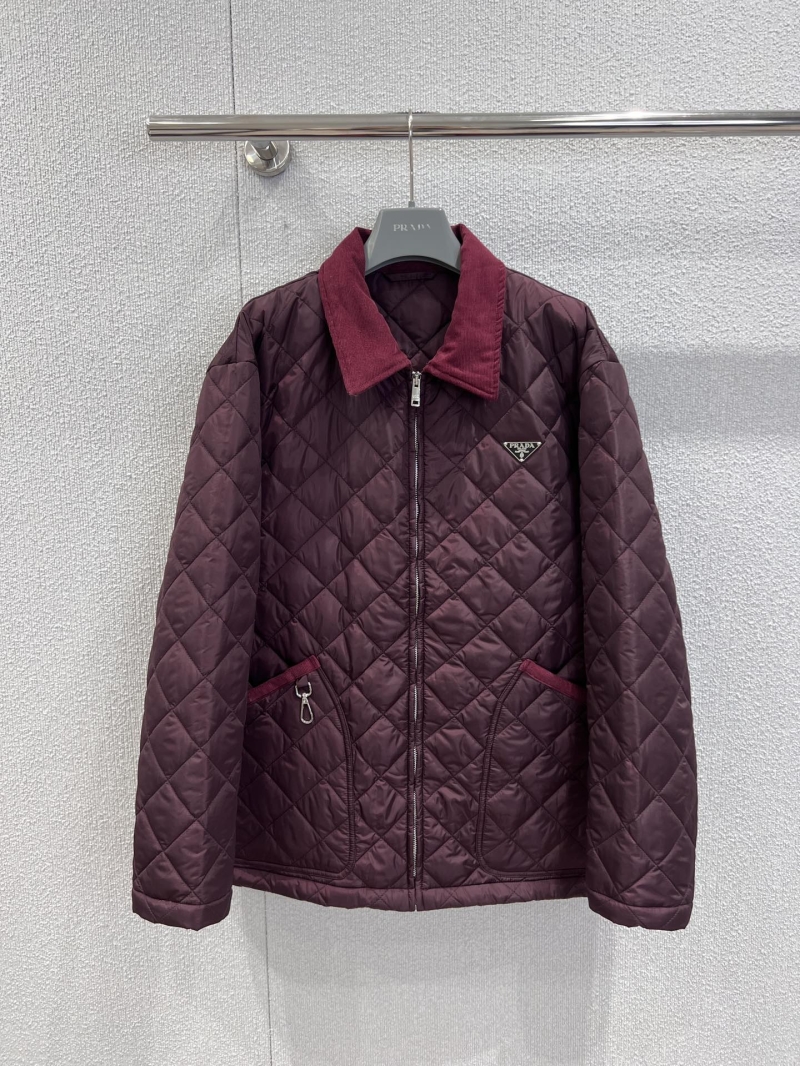 Prada Quilted Reversible Padded Jacket in Maroon & Navy, Diamond Stitch, Corduroy Collar, Versatile Luxury Outerwear