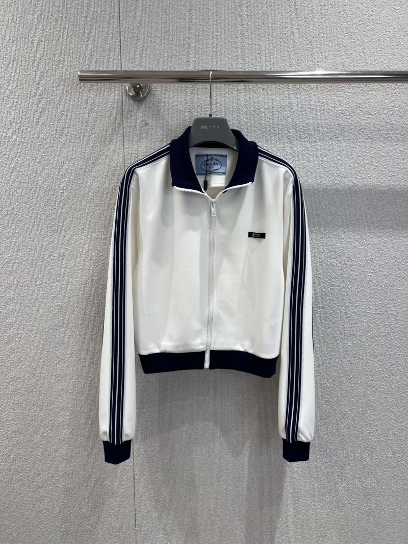 Prada Elevated Cropped Track Jacket | Contrast Trim | Stand Collar | White and Navy Sportswear