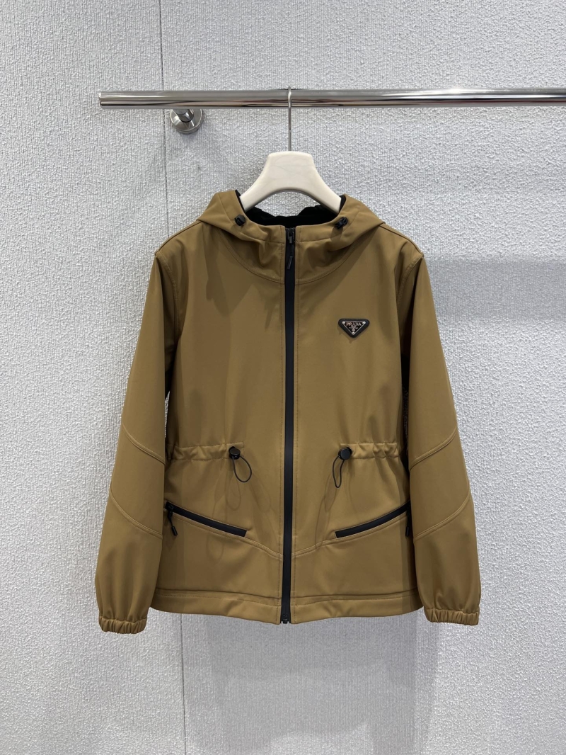 Prada Signature Technical Windbreaker: Camel Brown Hooded Jacket with Adjustable Cinch Waist