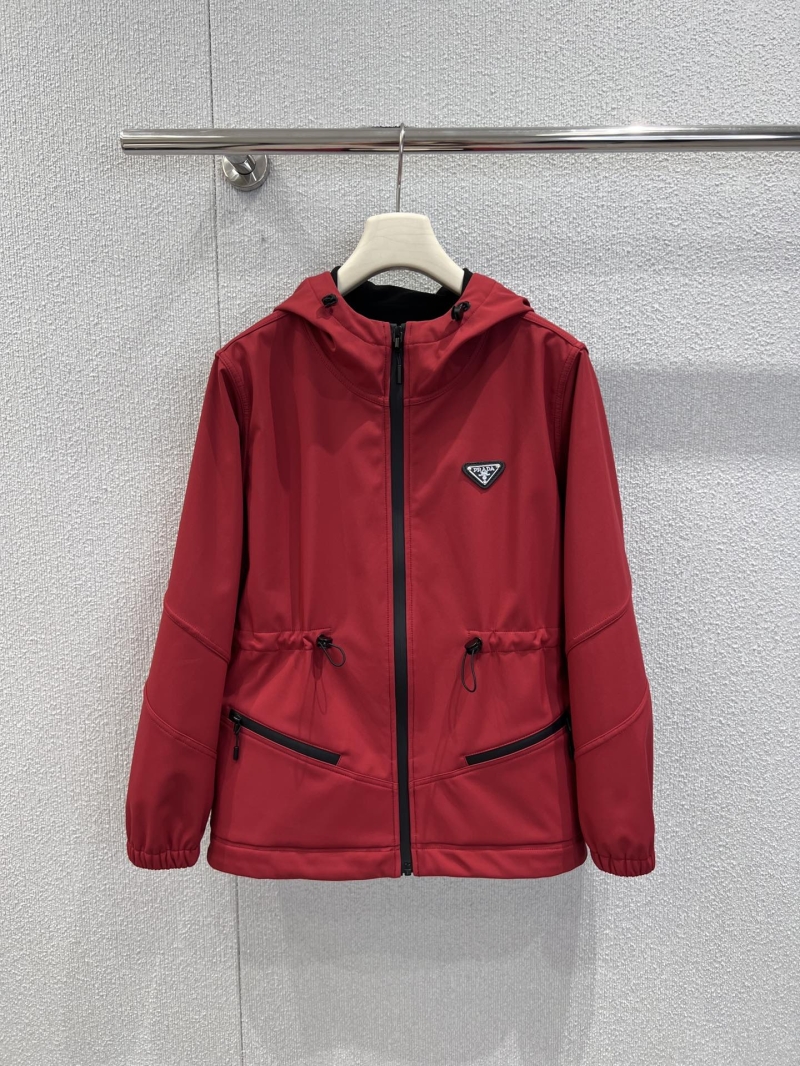 Prada Signature Technical Hooded Windbreaker Jacket | Cinched Waist | Vibrant Red | Luxe Sportswear