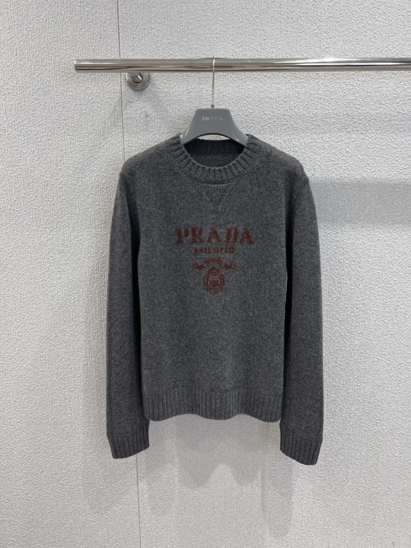 Prada Wool-Cashmere Blend Crewneck Sweater | Signature Logo Intarsia, Relaxed Fit, Charcoal Gray