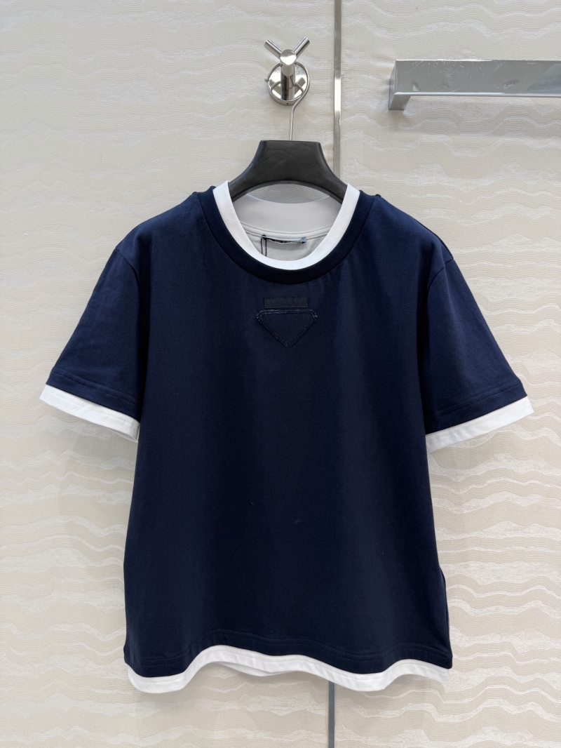 Prada Elevated 100% Pure Cotton T-Shirt with Layered Collar and Contrast Trim in Navy