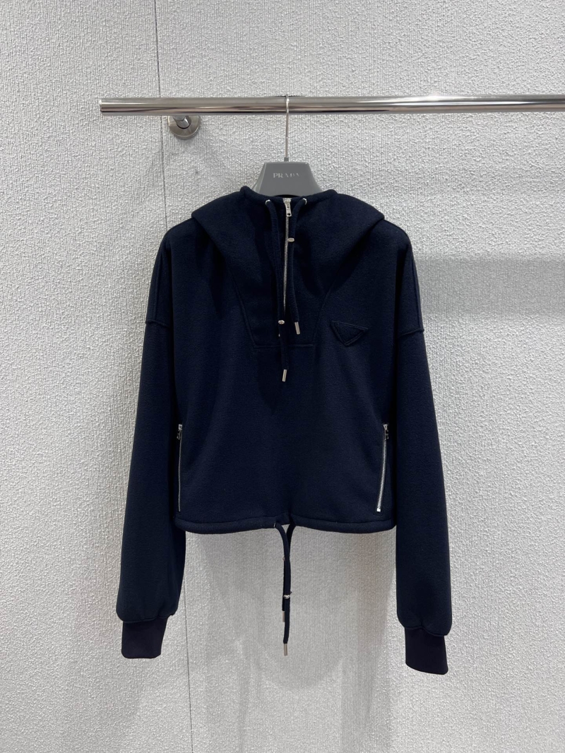 Prada Cashmere Knit Cropped Hoodie | Half-Zip, Deep Navy | Elevated Streetwear