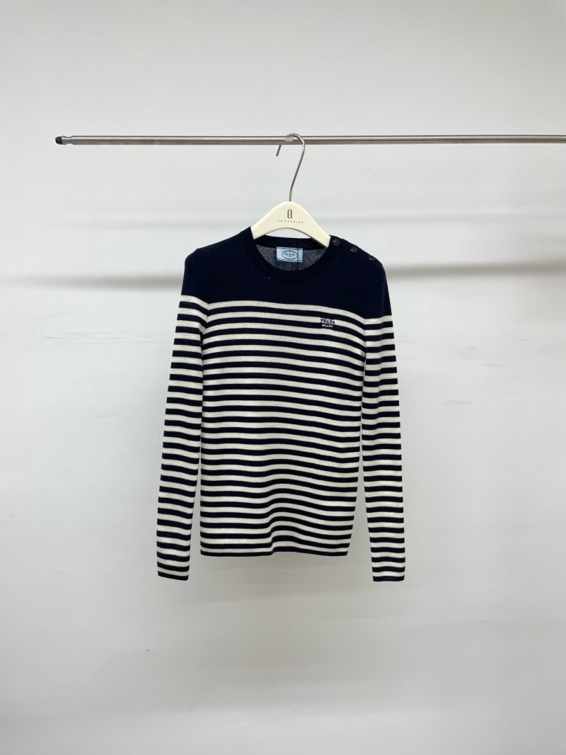 Prada Striped Knit Sweater with Navy Yoke and Decorative Buttons - Navy/Off-White