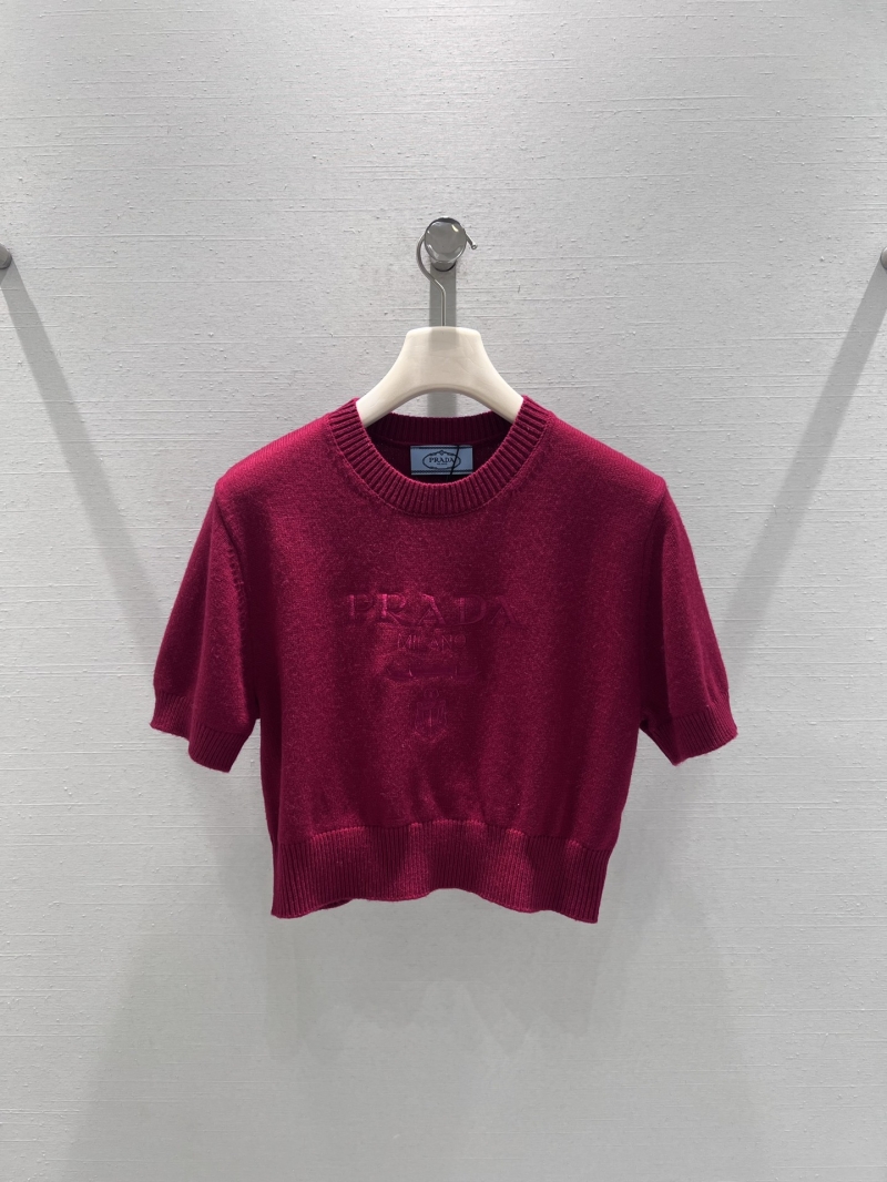 Prada Signature Tonal Logo Cropped Knit Short Sleeve Sweater in Berry Wine Red