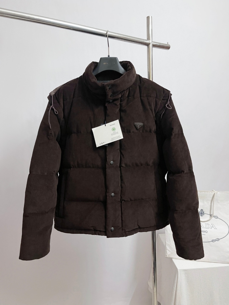 Prada Signature Triangle Logo Corduroy Detachable Sleeve Puffer Jacket in Espresso Brown