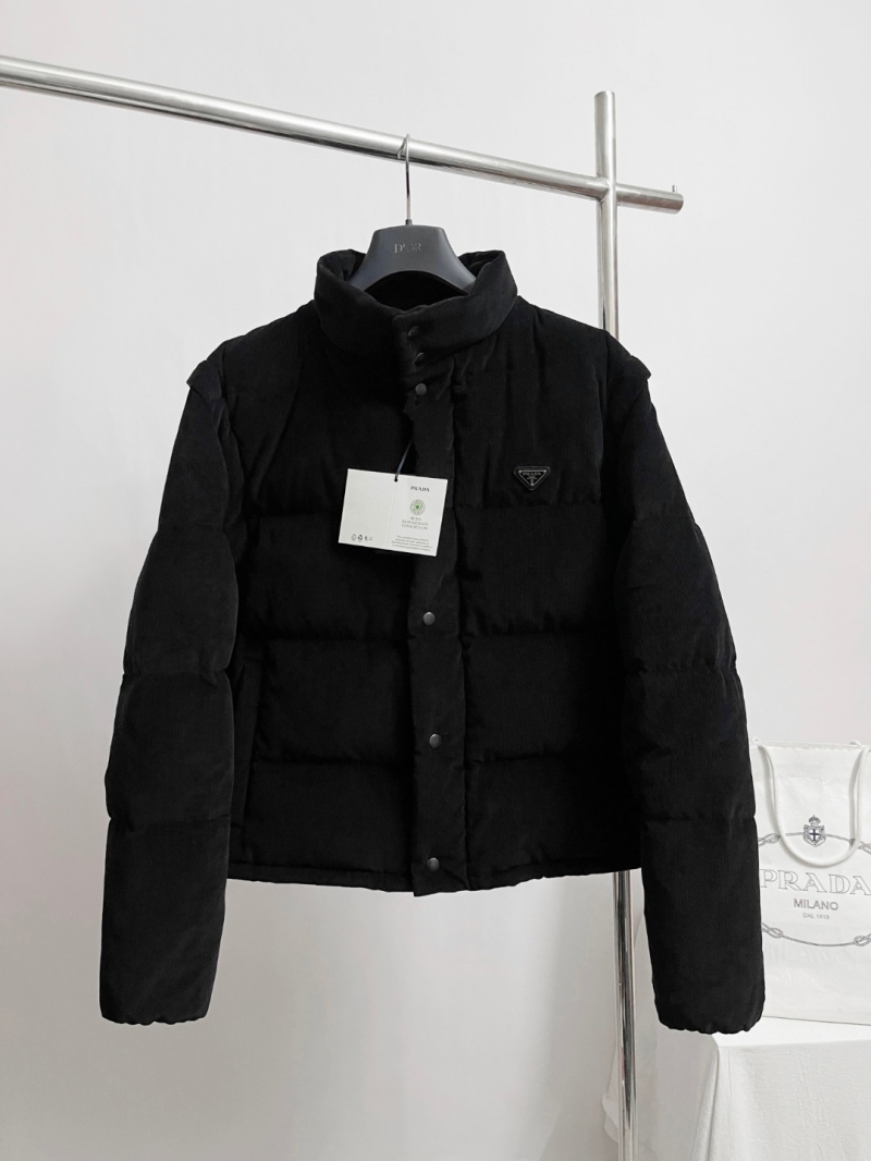 Prada Corduroy Detachable Sleeve Puffer Jacket in Black