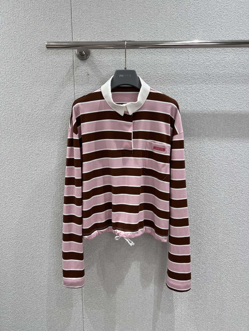 Prada Striped Long-Sleeved Polo Shirt with Adjustable Drawstring Hem - Brown and Pink