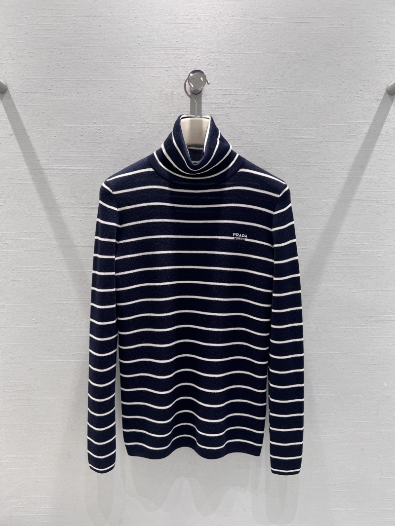 Prada Striped Turtleneck Knit Sweater in Navy Blue and White