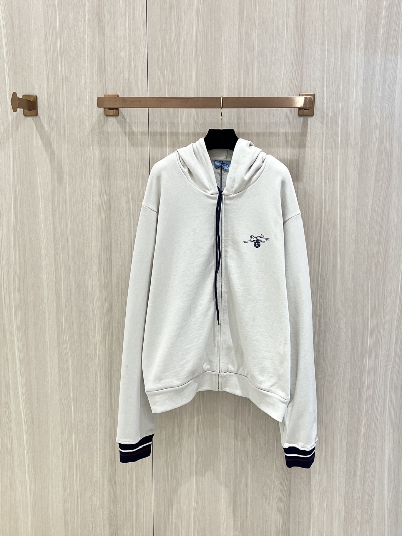 Prada Elevated Zip-Up Hoodie with Varsity Ribbed Trim and Thermal Balancing Fabric, Off-White