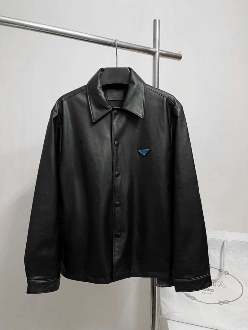 Prada Signature Black Leather Shirt Jacket - Exquisite Matte Finish with Blue Triangle Logo