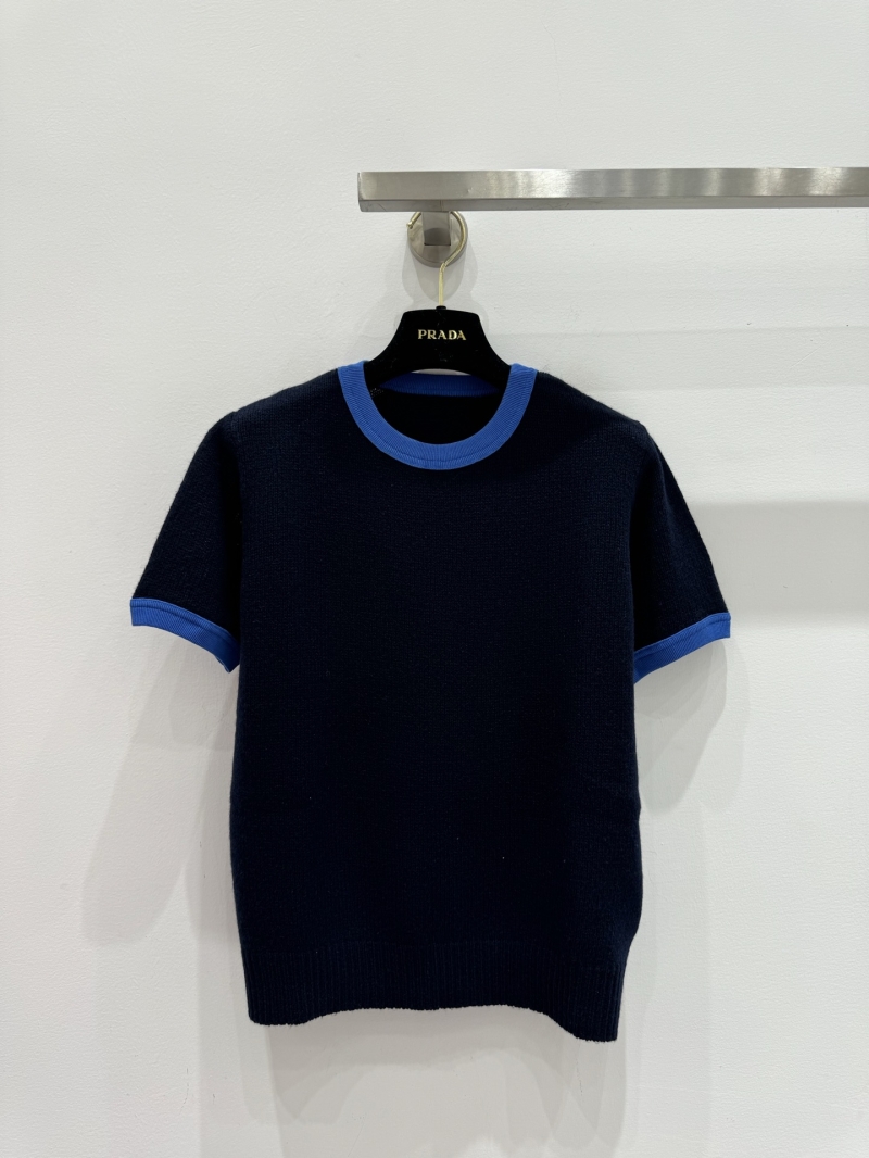 Prada 100% Goat Cashmere Short-Sleeve Knit Sweater in Navy and Royal Blue