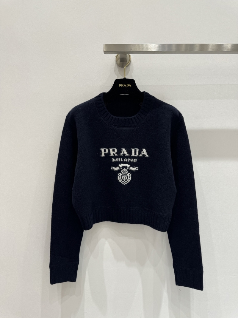 Prada Cropped Cashmere Blend Logo Knit Sweater in Midnight Navy