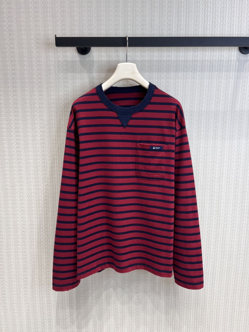Prada Striped Long-Sleeve Cotton T-Shirt - Premium Cotton, Vintage V-Stitch, Relaxed Fit, Maroon and Navy Unisex Luxury Essential