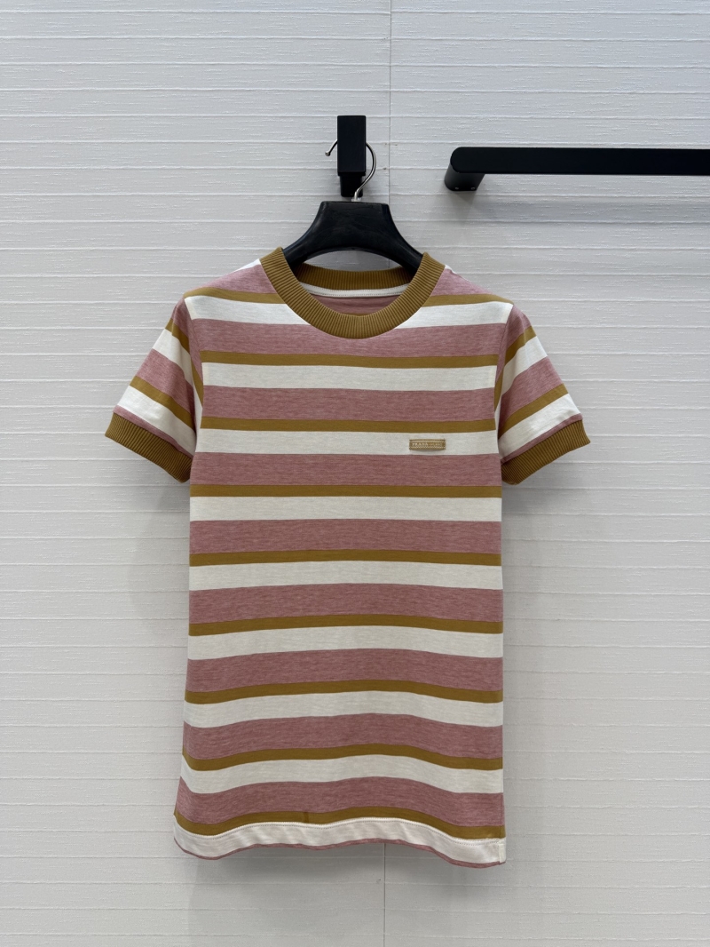 Prada Striped Ribbed-Trim Slim-Fit T-Shirt in Pink and Mustard