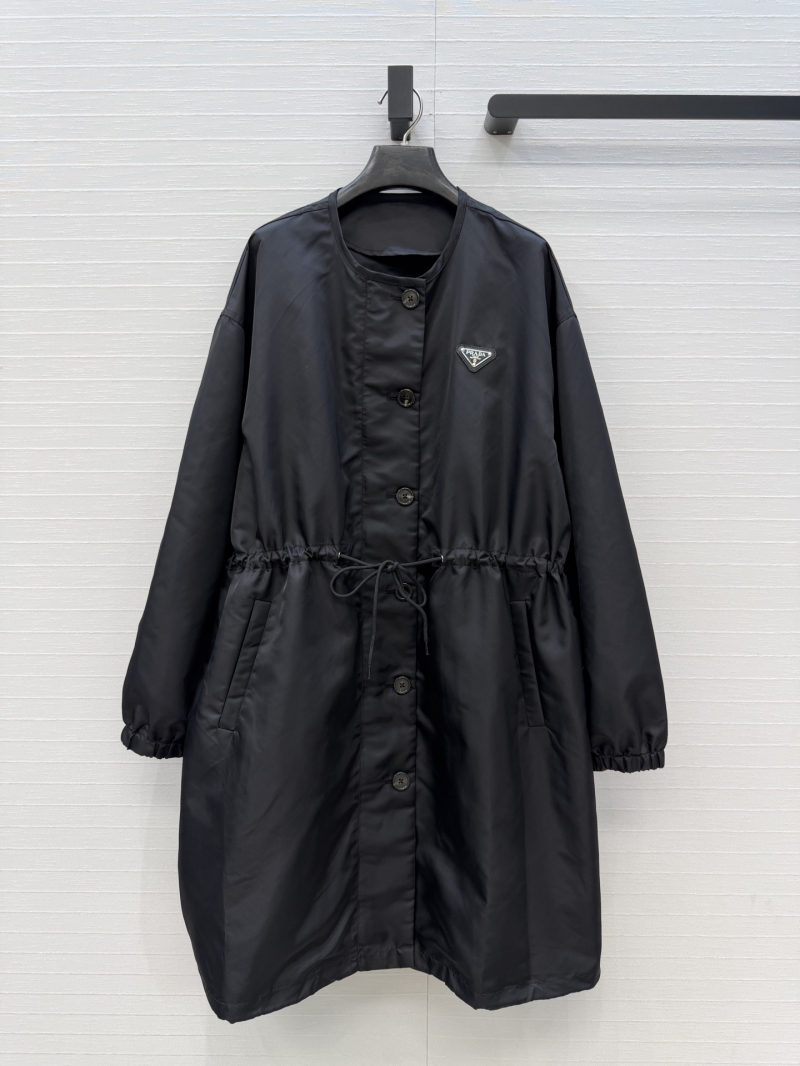 Prada Polished Nylon Drawstring Waist Single-Breasted Long Coat