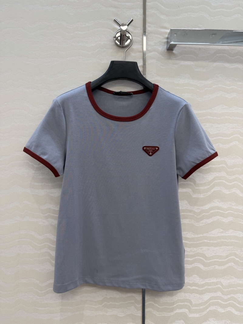Prada Signature Pure Cotton Contrast Trim T-Shirt in Dusty Blue
