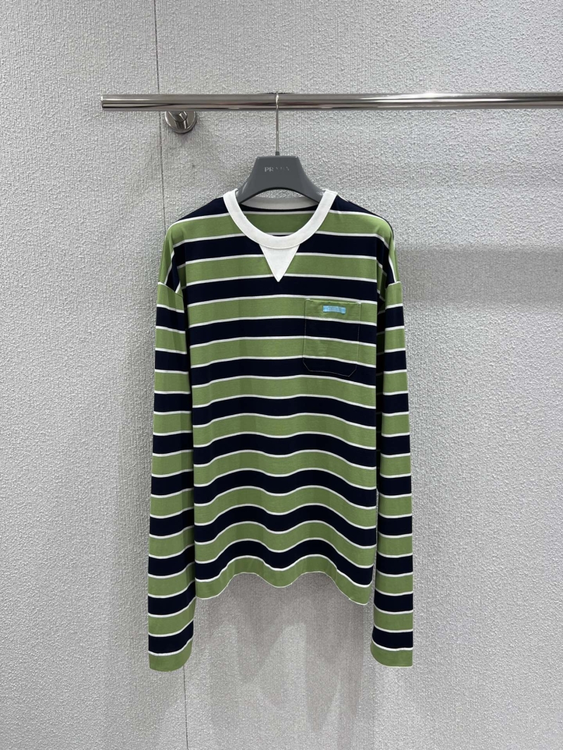 Prada Striped Cotton Knit Long Sleeve T-Shirt in Olive and Navy