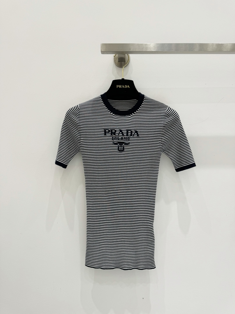Prada 16-Needle Mulberry Silk Striped Rib-Knit Short-Sleeve Top