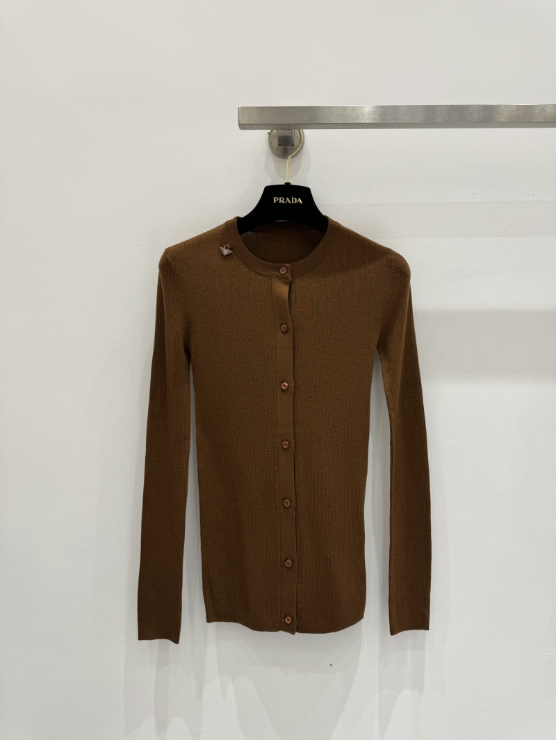 Prada Rib-Knit Logo Crew Neck Cardigan in Tobacco Brown